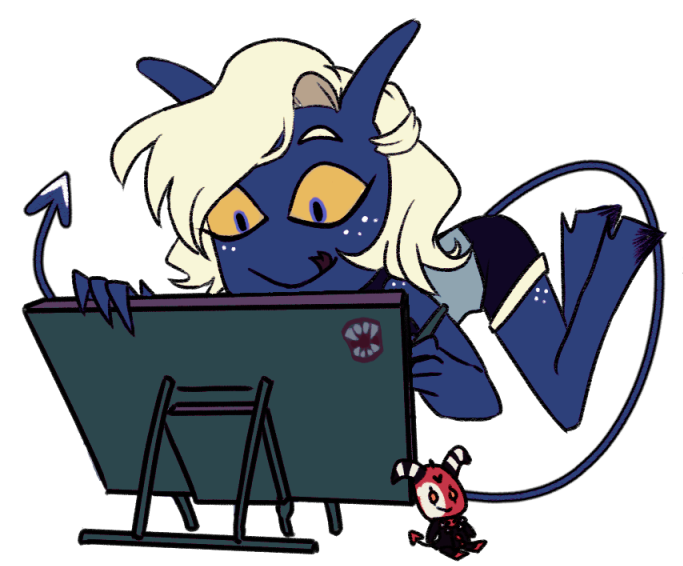 art of my impsona, Baz, a blue imp with platinum blonde hair, floating in the air in front of an art tablet with a tiny plushie of Blitz from Helluva Boss in front.