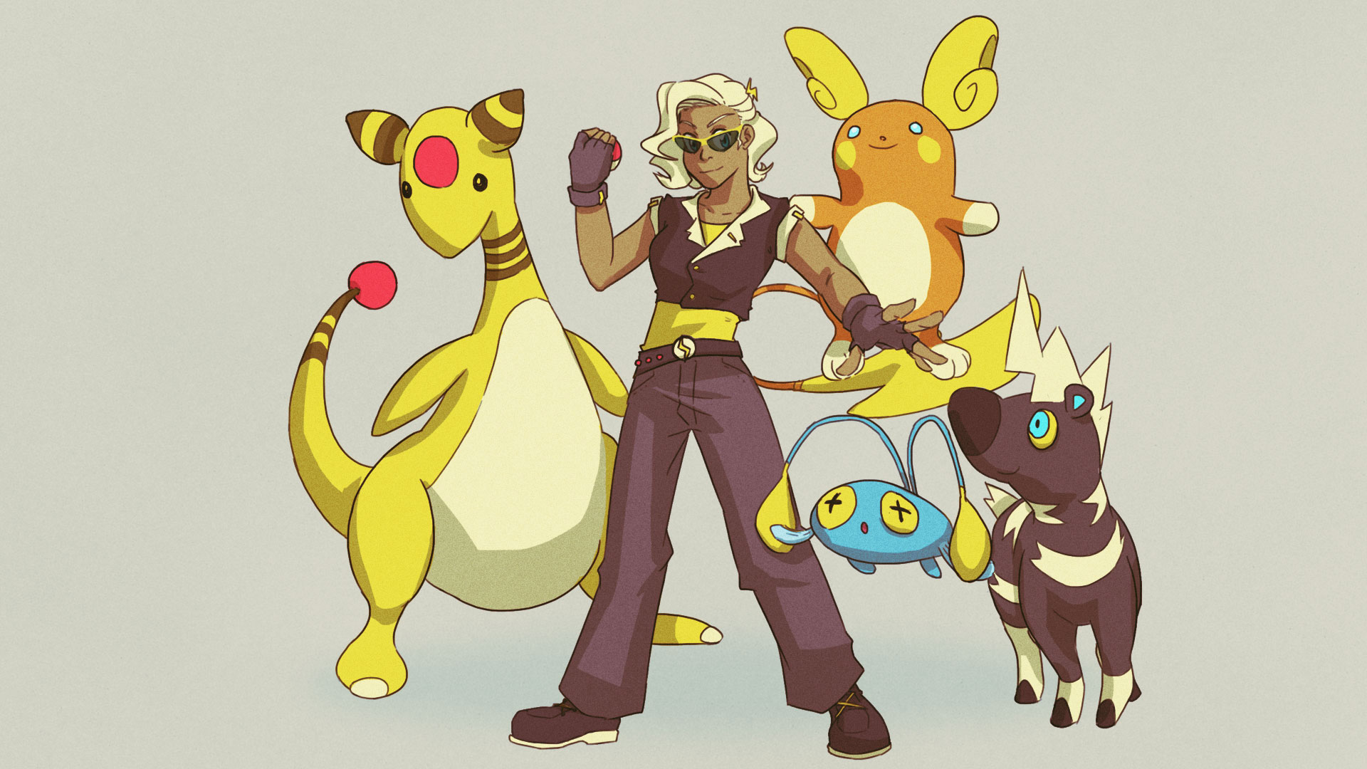 art of a girl with short, wavy blonde hair wearing sunglasses with an ampharos, alolan raichu, blitzle, and chinchou.