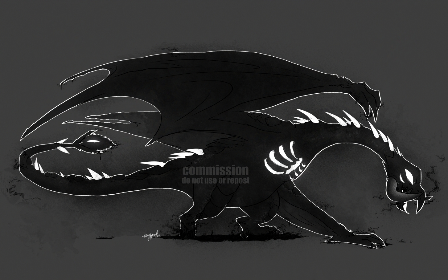 art of an inky black dragon with a white outline stepping out of a pool of shadow. Inky smoke drips from her maw and claws, she has a white tongue and white spikes along her spine, and her ribcage glows white in her chest.
