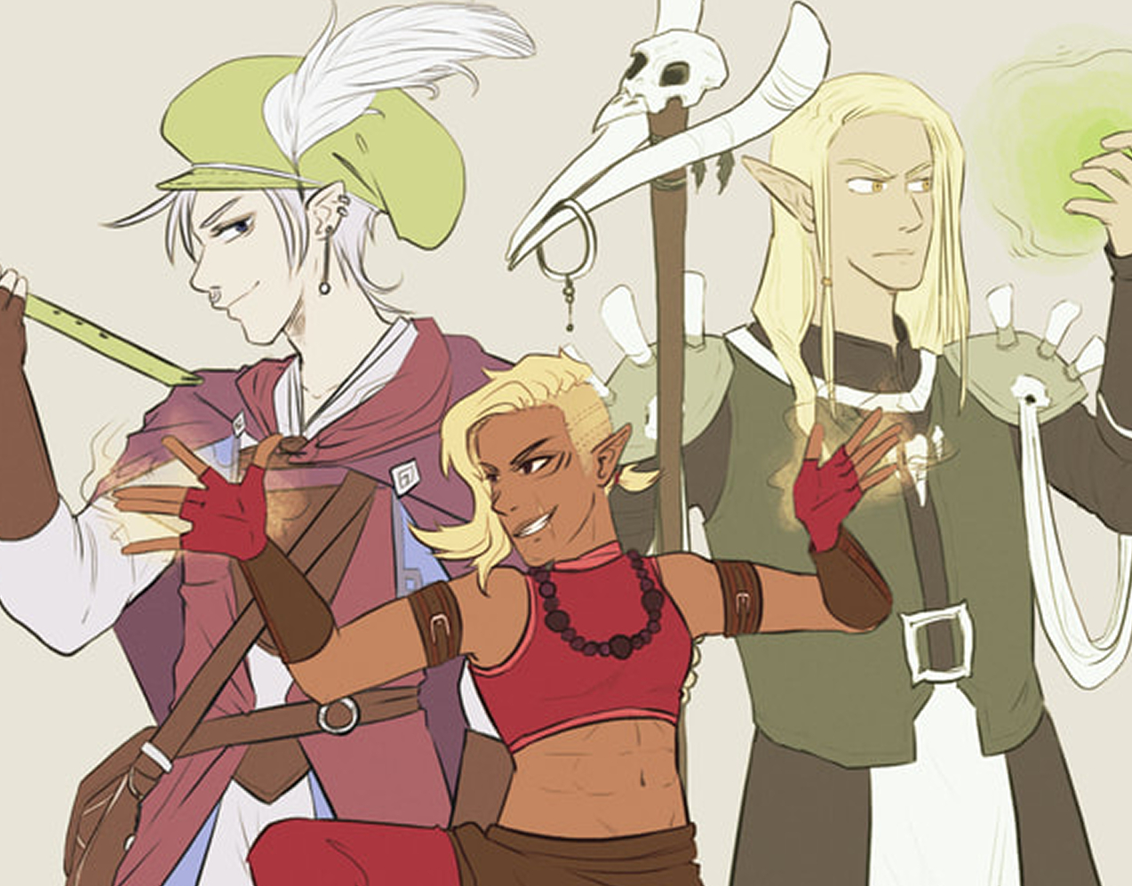 Three characters dressed up in DnD outfits as a bard, monk, and sorceror.