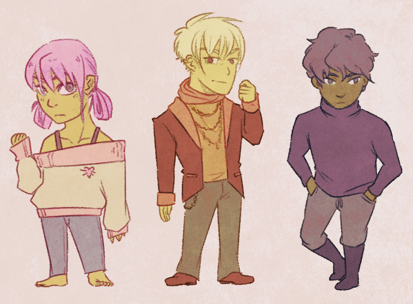 three characters, a girl with buns in an oversized sweater, a boy with dark hair, and another boy in a snazzy jacket with lots of jewelry.