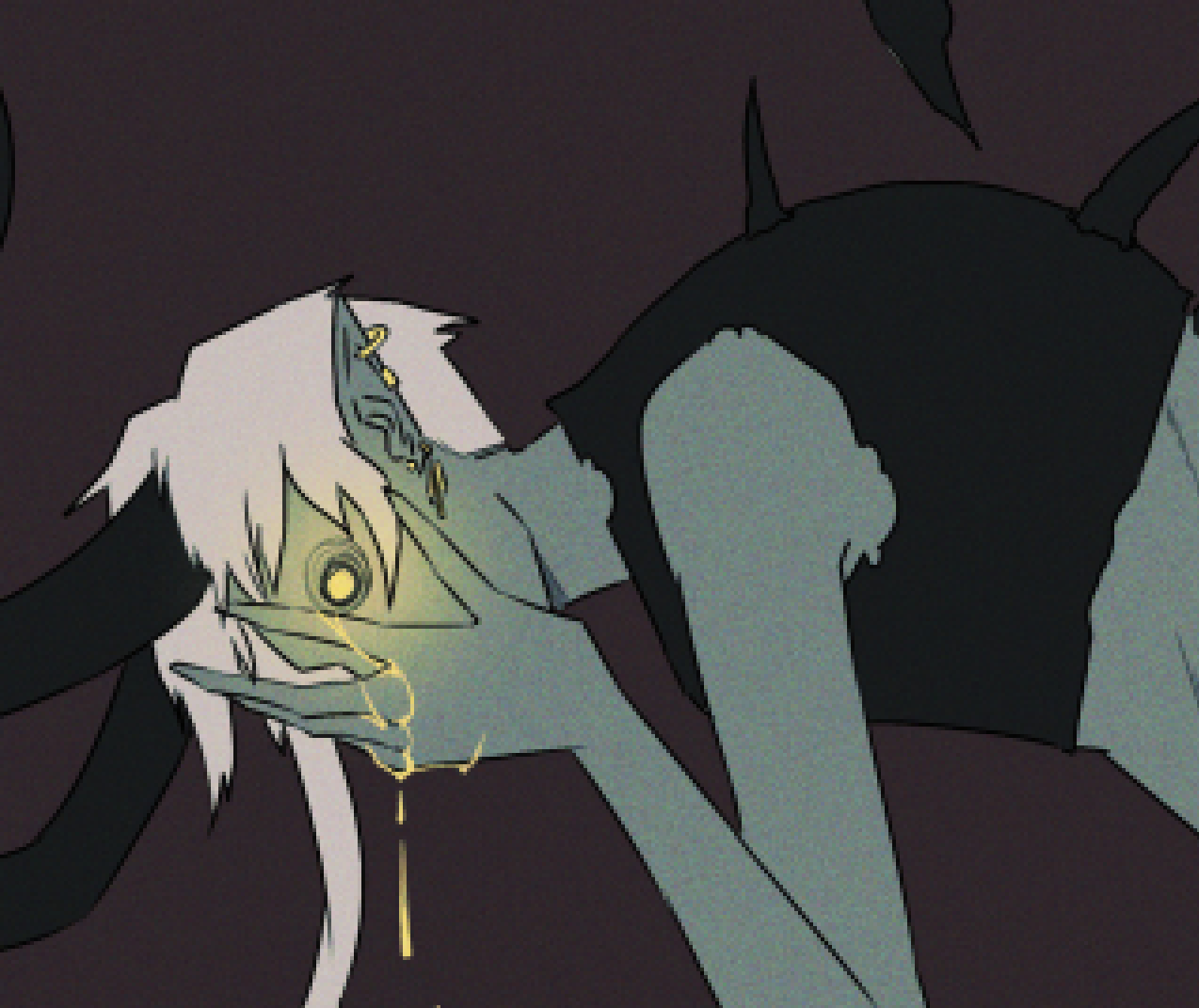 demon with glowing eye, face in hands, doubled over in pain.