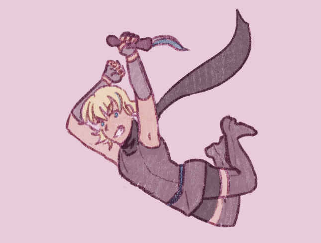 A girl with a long scarf holding a knife, grinning.