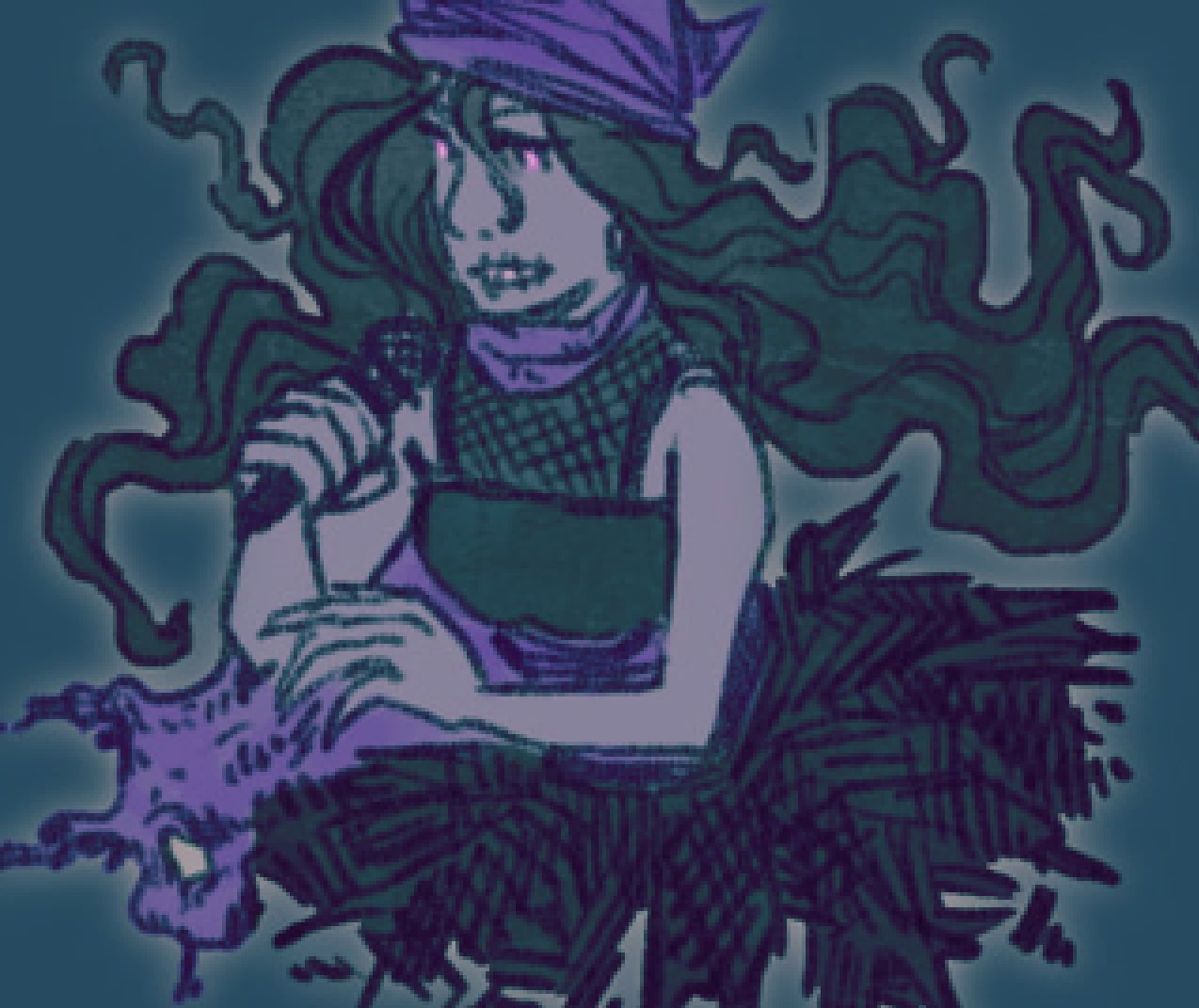 a dark, ghosty glowing girl with long, wavy hair holding a microphone.