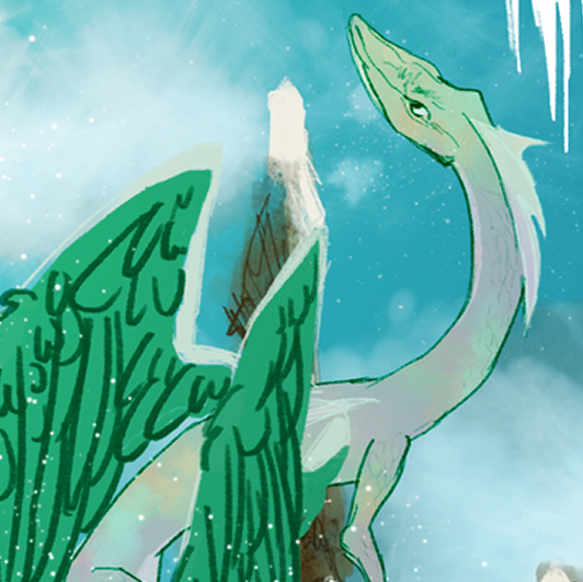 feathery-winged seafoam-green, opalescent dragon with a triangular head.