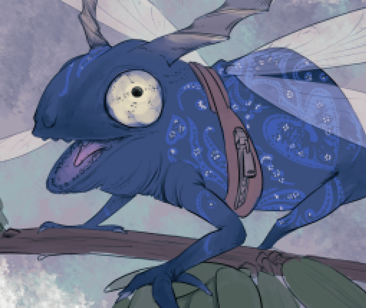 chameleon dragon with a tiny pouch strapped to its waist.