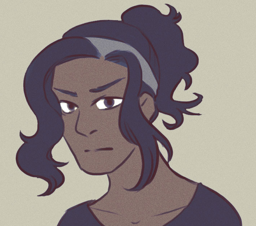 portrait of a woman with dark hair pulled up into a curly ponytail.