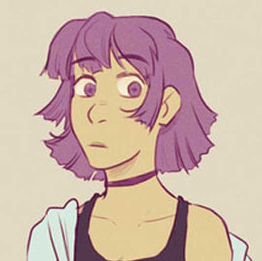 girl with chunky hair that looks like she cut it herself and a loose sweatshirt that hangs off her shoulders.