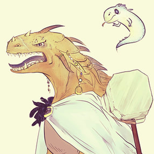 bronze dragonborn with a little ghost hovering near her head.