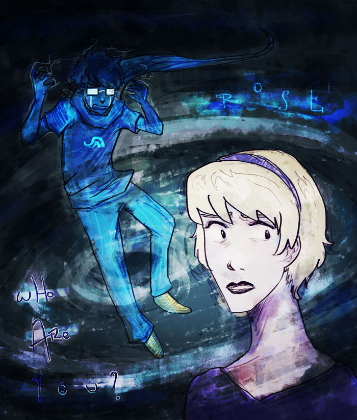 John crying and floating in a tornado, with Rose's face in the foreground, looking worried. Text: Rose. Who are you?